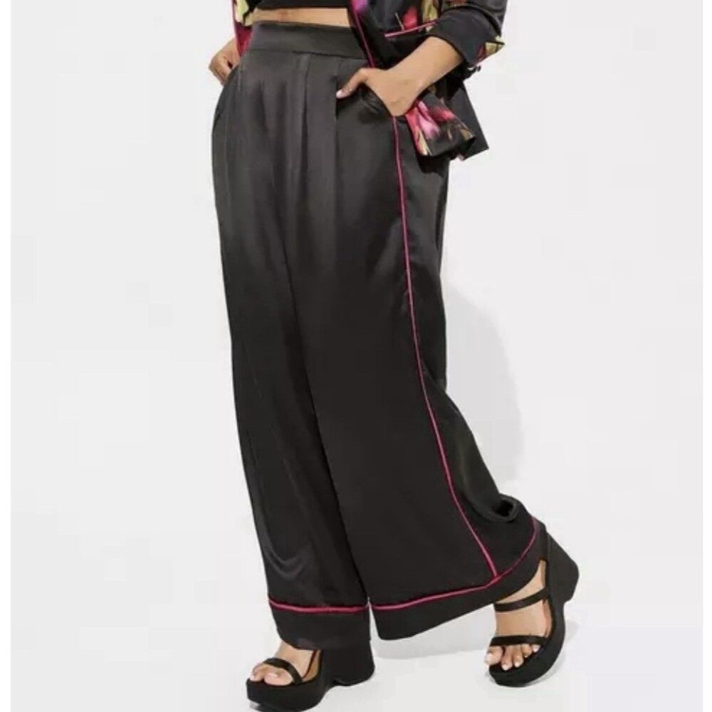 Torrid Wide Leg Satin High Rise Pant Black Pink Trim 40720618 Pockets Womens 4X